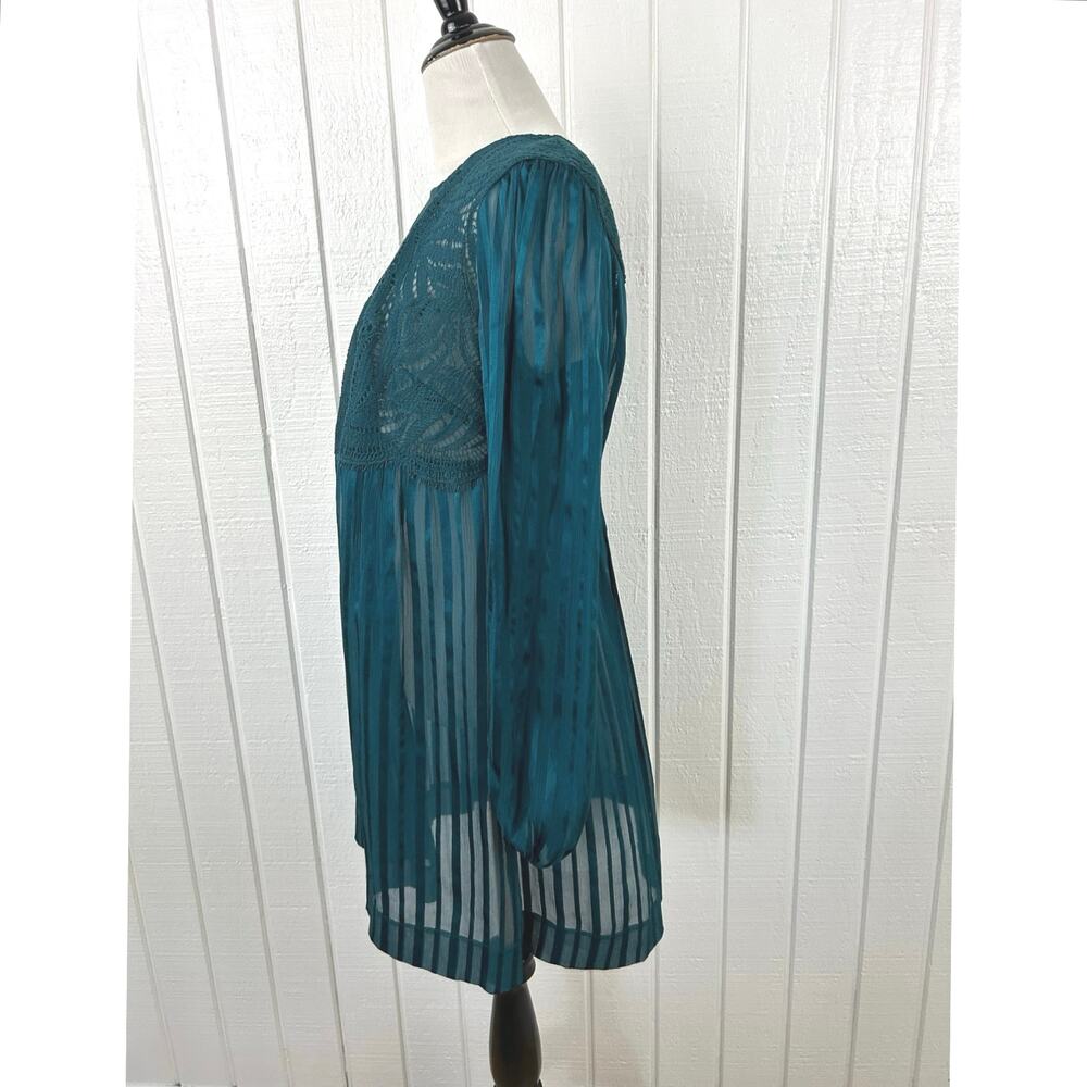 BCBG Maxazaria Teal Lace Sheer Stripe Babydoll Dress Long Sleeve S - Picture 6 of 9